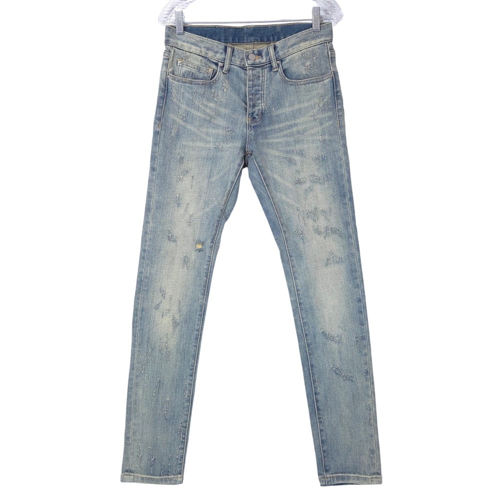 MNML M1 Distressed Slim Tapered Jeans Men 29x31 Button Fly Light Wash Streetwear